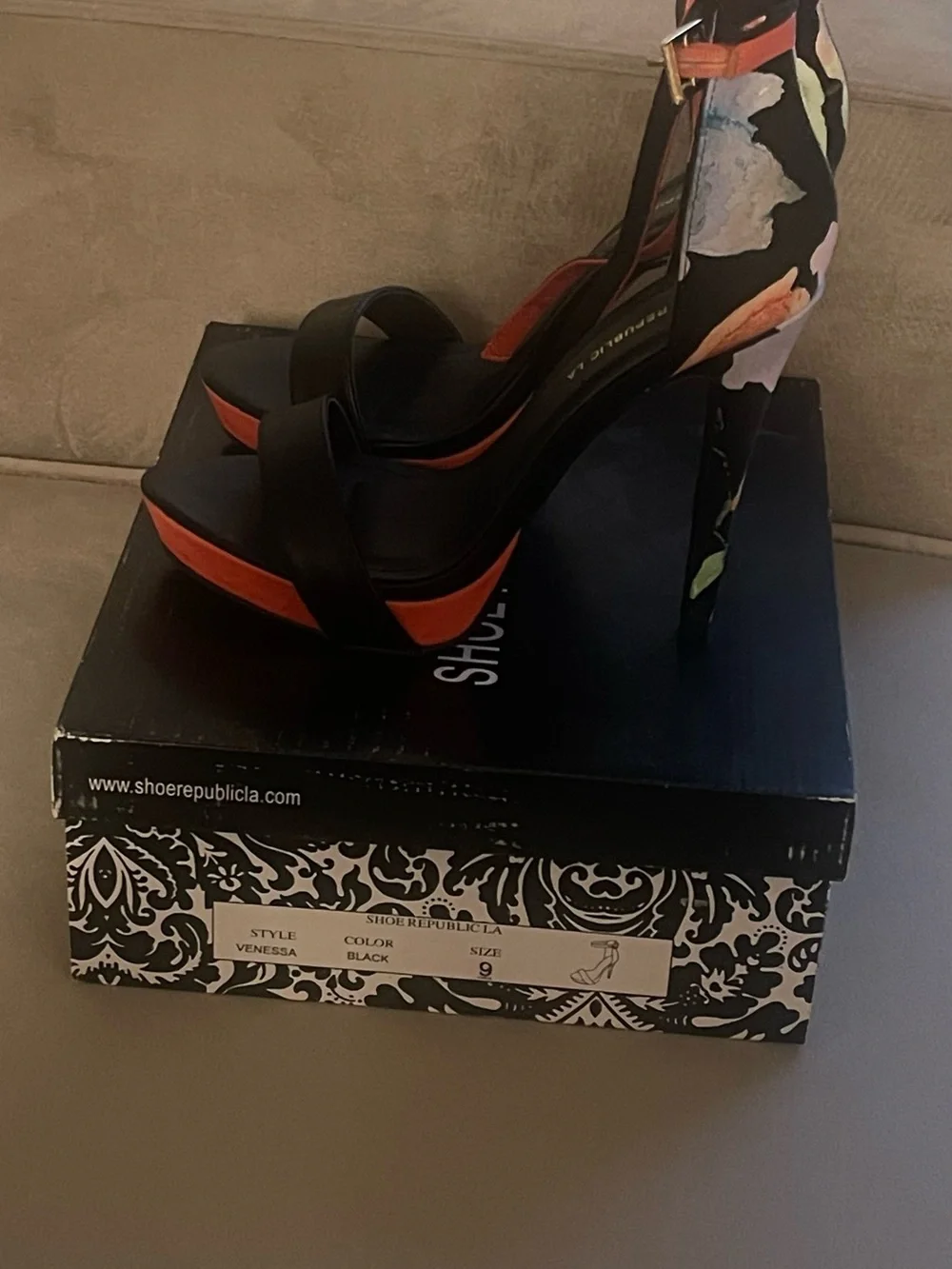 Floral Black and Orange Women's Strappy High Heels